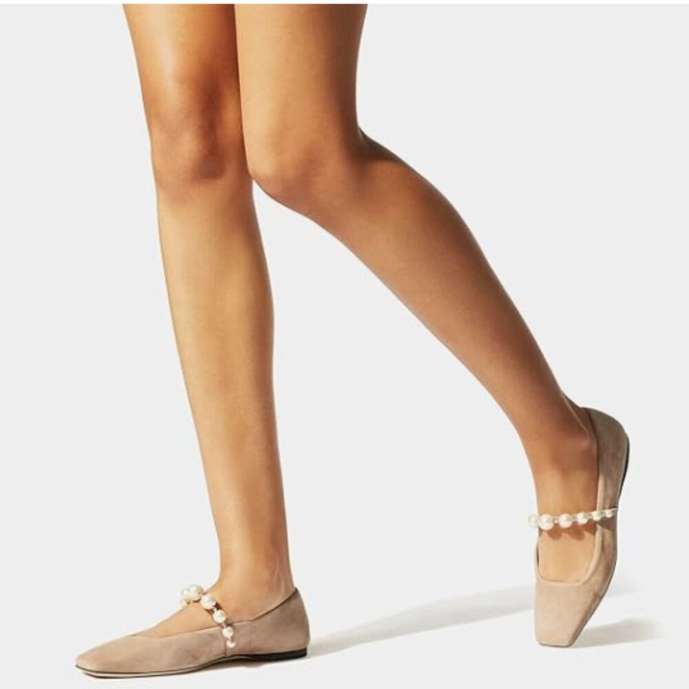 FOWT Nude Square Toe Slip on Flats Pearl Studded Strap Pumps Wedding Shoes